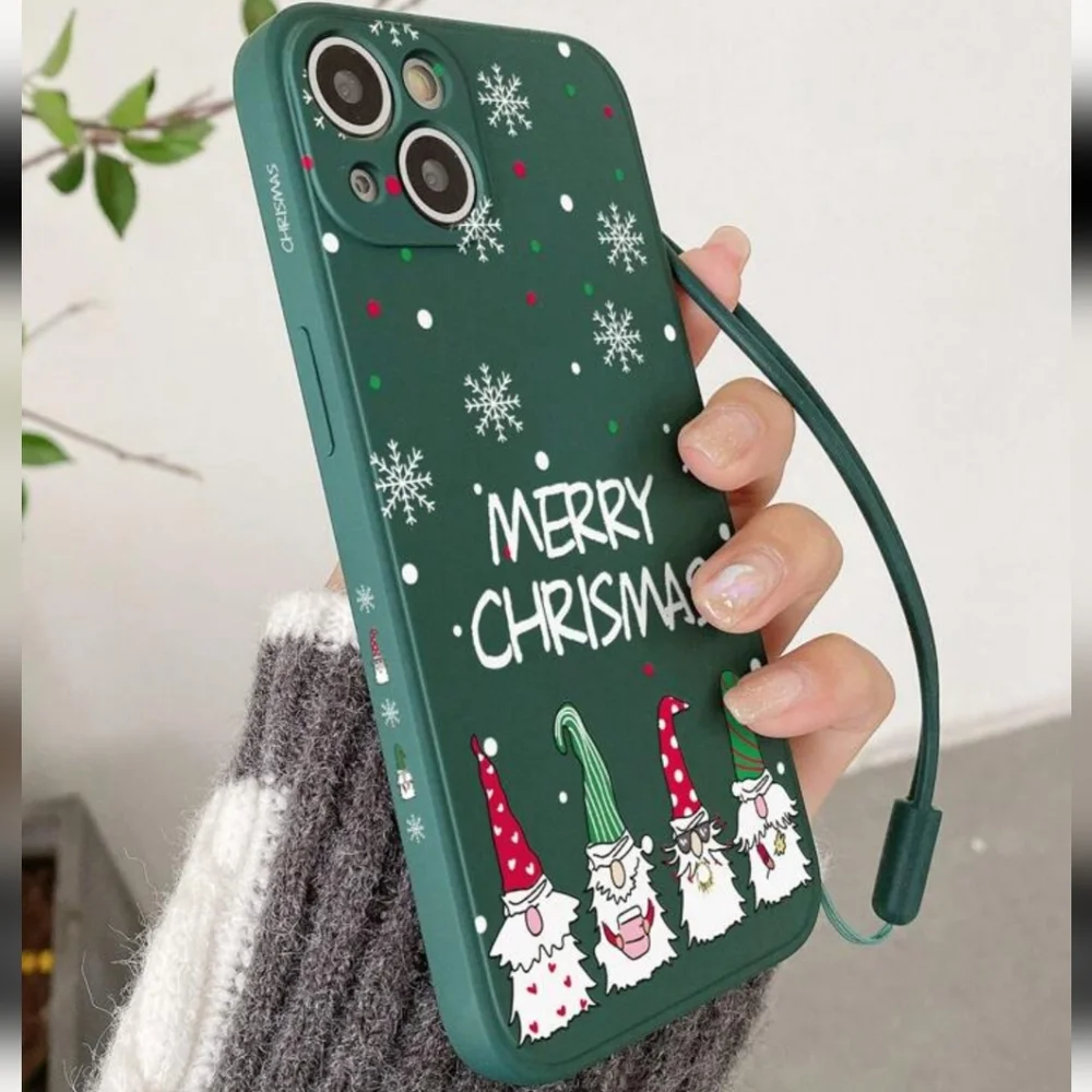 Dark Green Tpu‎ Cute Christmas Side Painted Phone Case With Hand Strap